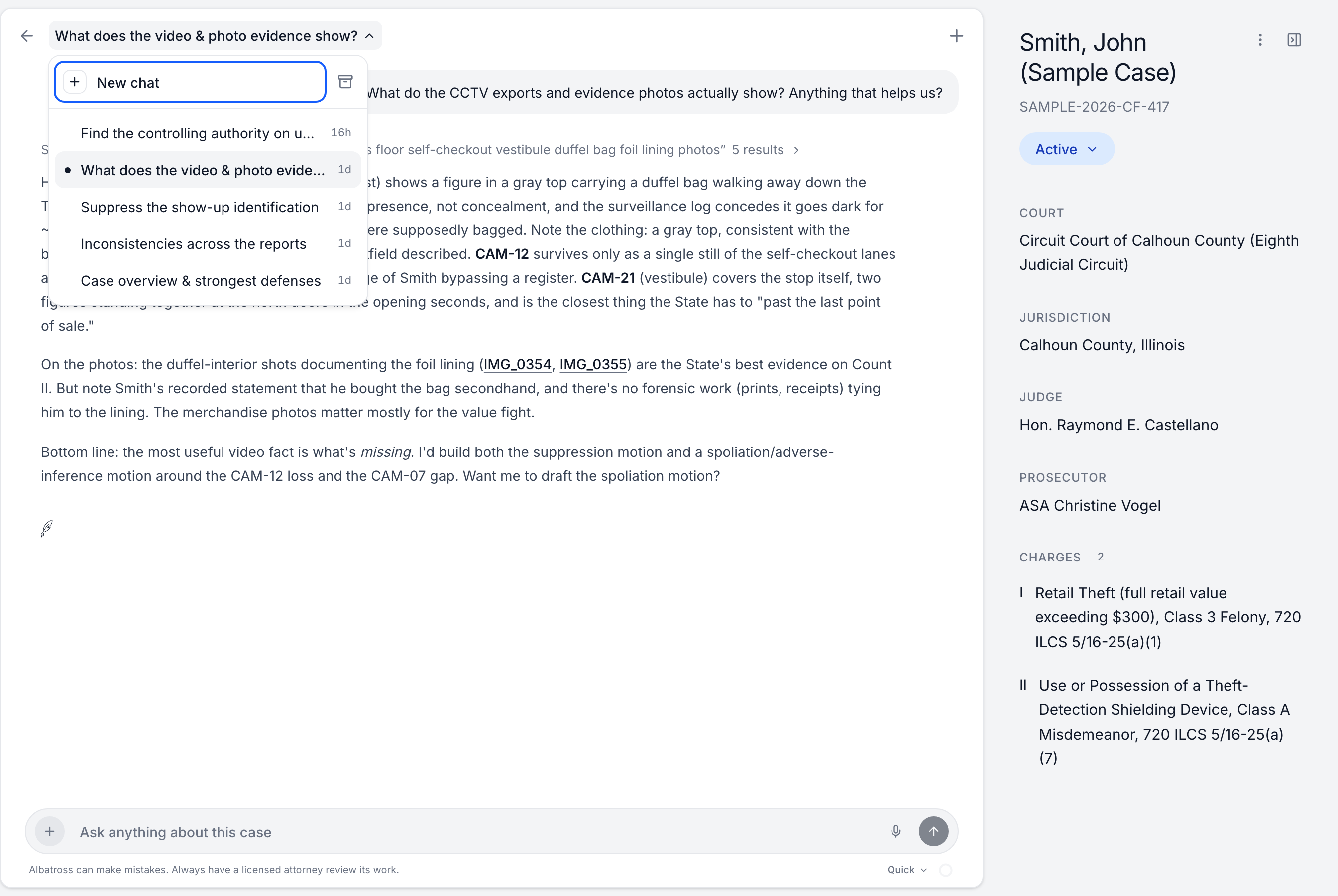 The thread switcher listing five chats on the sample case, from case overview to case-law research