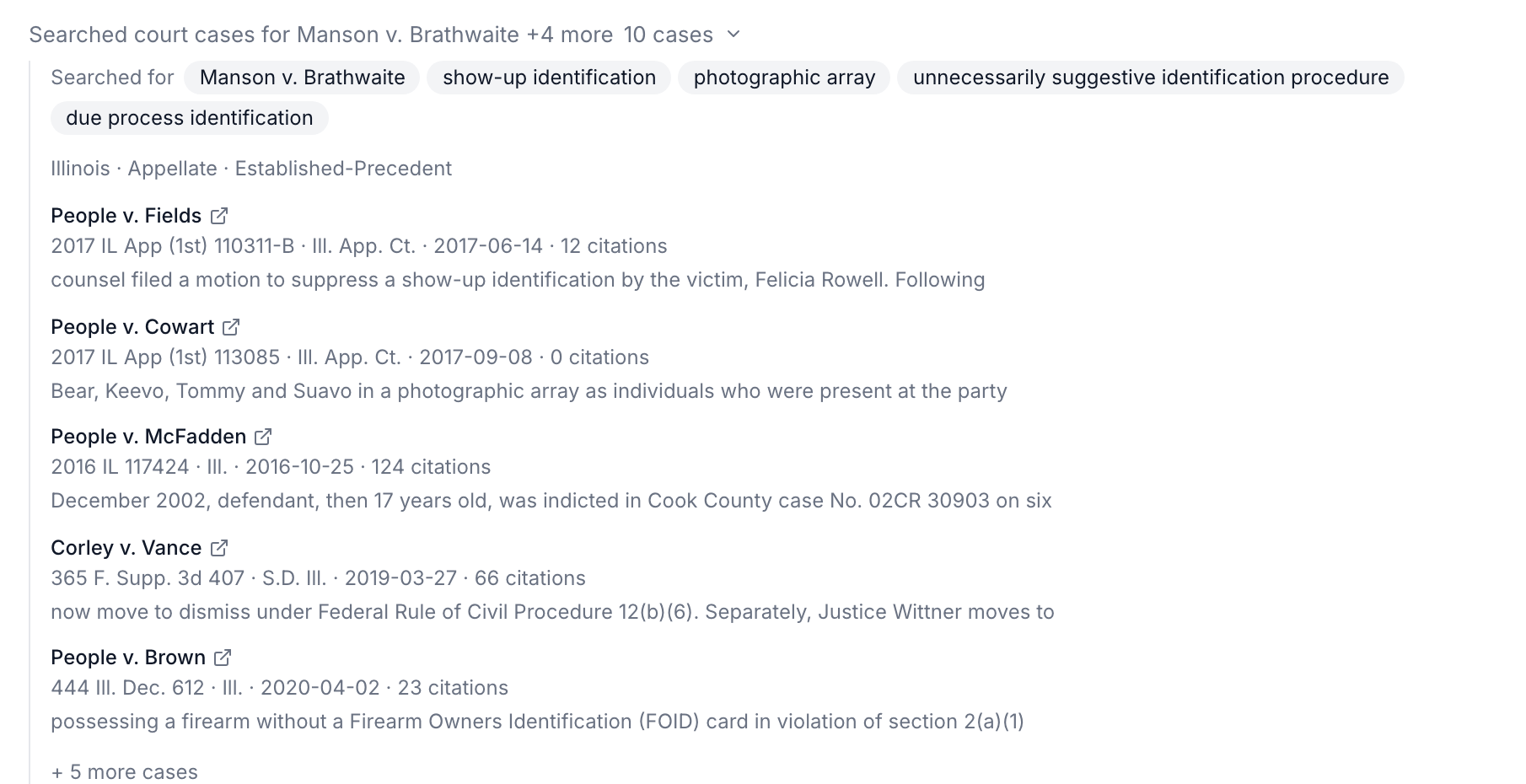 An expanded court-case search: the queries it ran as chips, then ranked Illinois cases with citations, dates, and links to each opinion