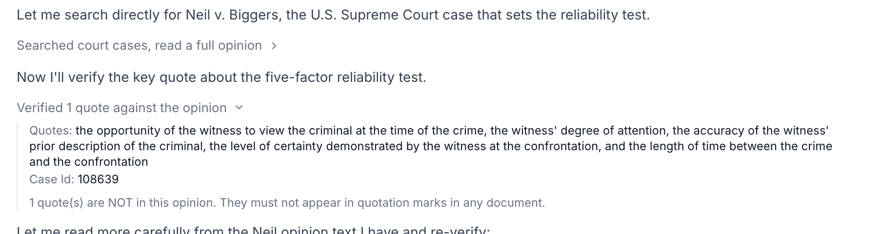 The quote-verification tool catching a paraphrase: '1 quote(s) are NOT in this opinion. They must not appear in quotation marks in any document.'