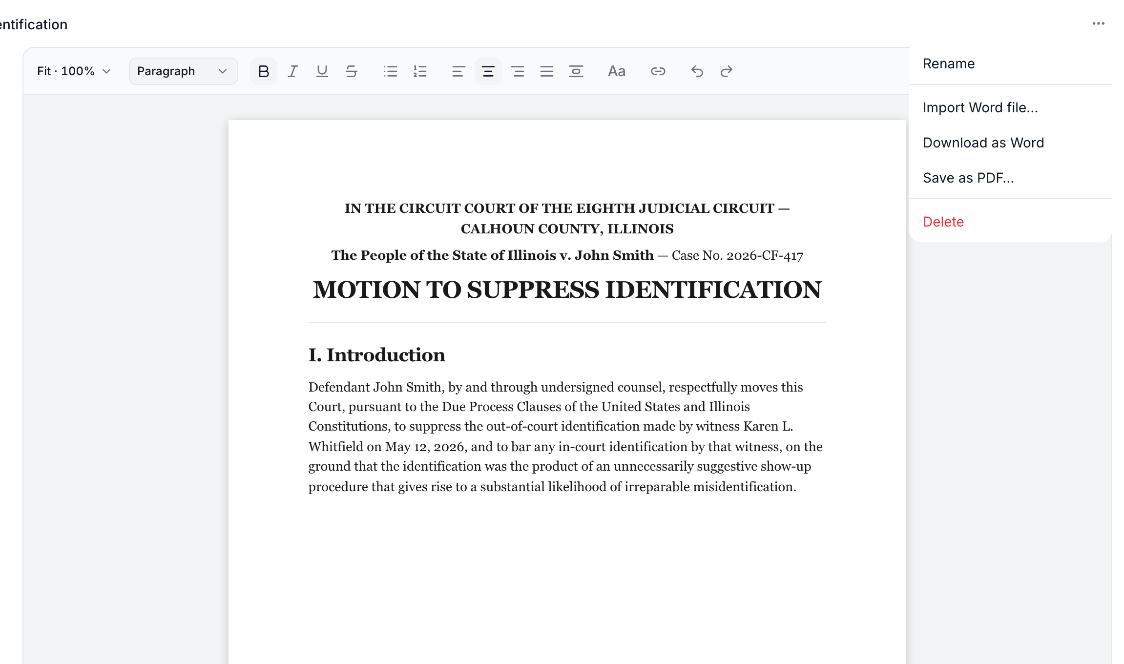 The document actions menu open over a motion: Import Word file, Download as Word, Save as PDF