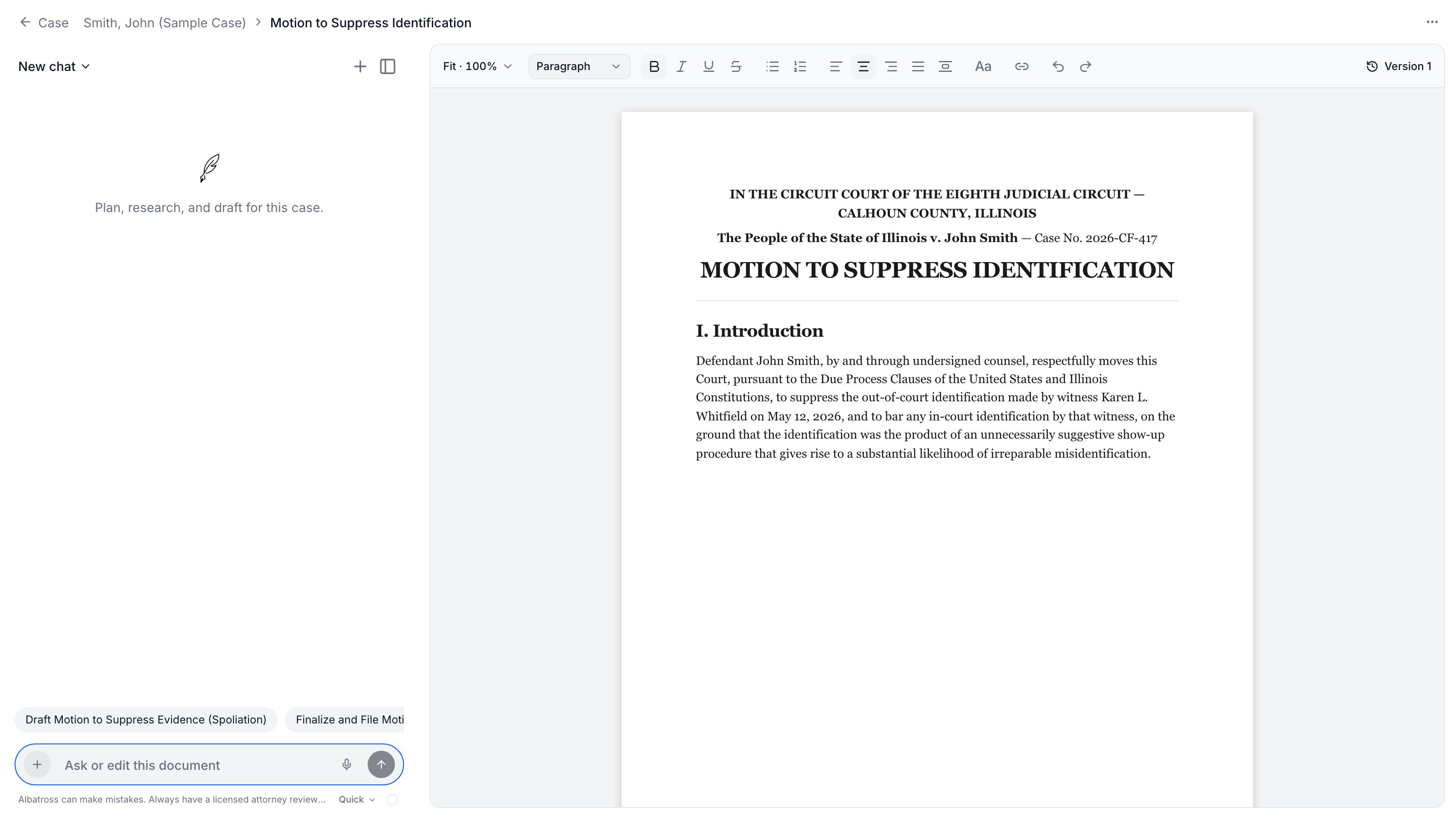 The document editor: a motion on pleading-style pages with the drafting assistant docked beside it