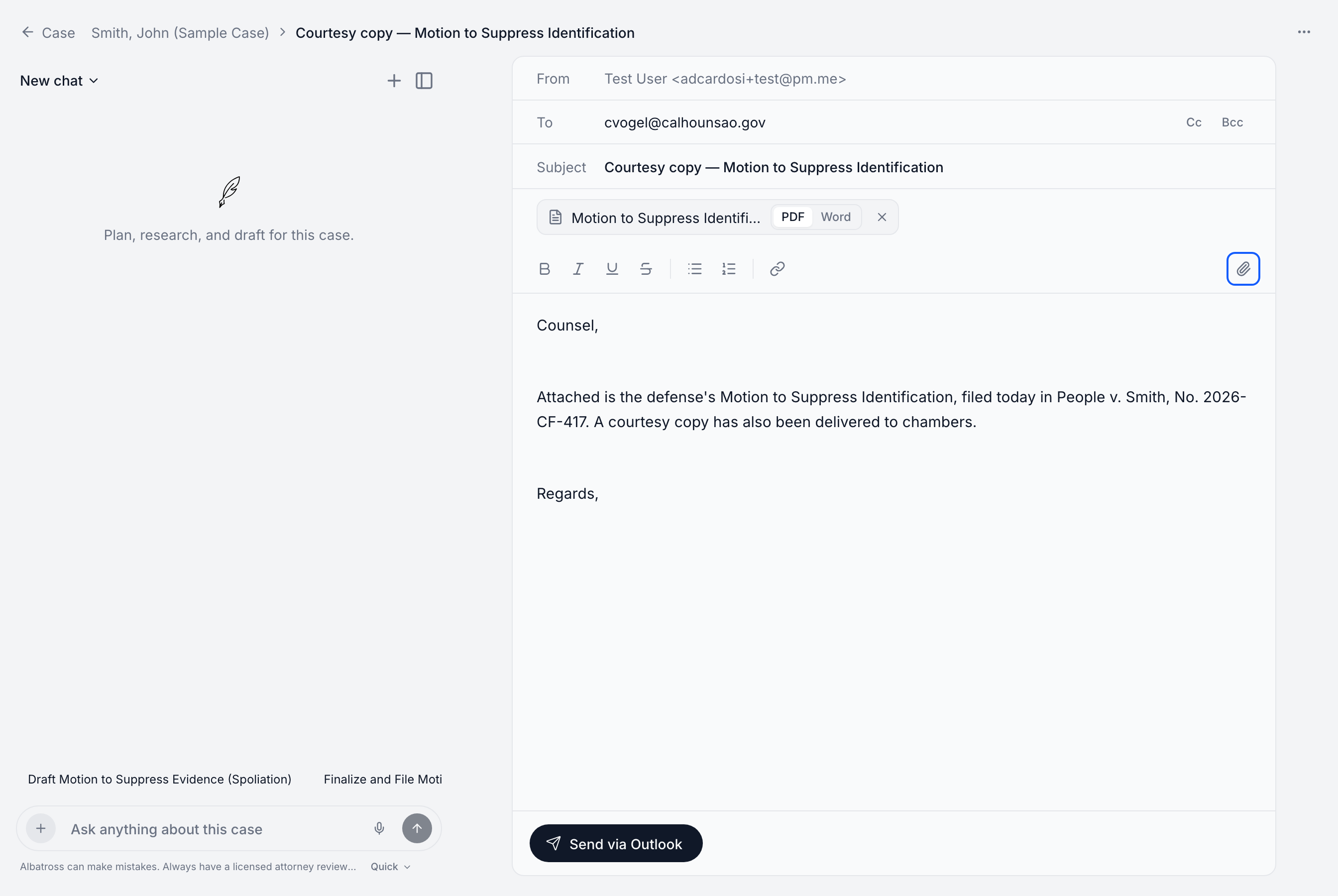 The email composer with a drafted courtesy-copy email, the motion attached as PDF, and a Send via Outlook button
