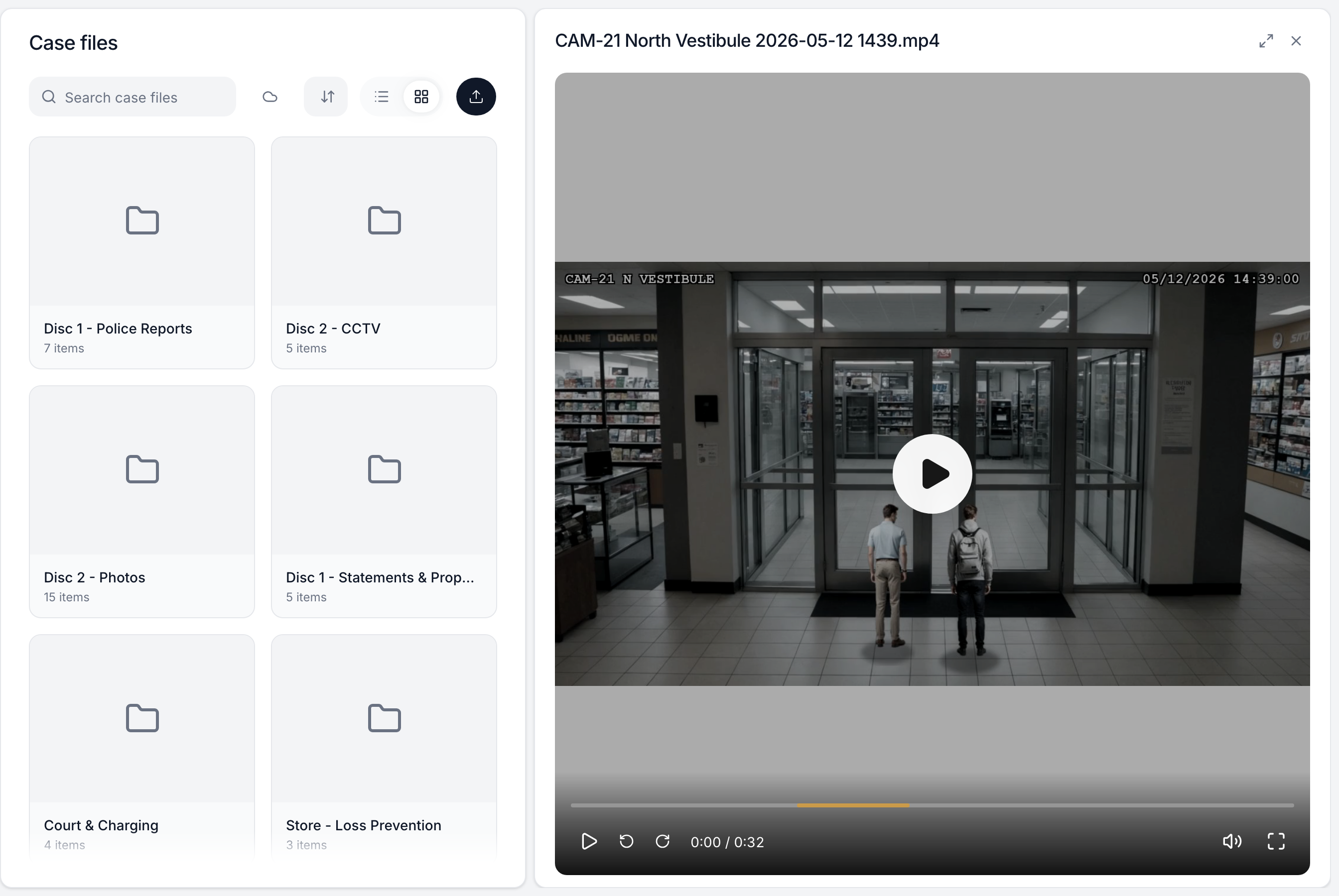 The evidence viewer playing a CCTV export, with the case file tree beside it