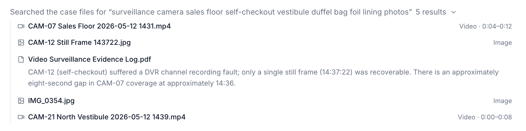 Search results for one query spanning two video clips with time ranges, two images, and a PDF excerpt