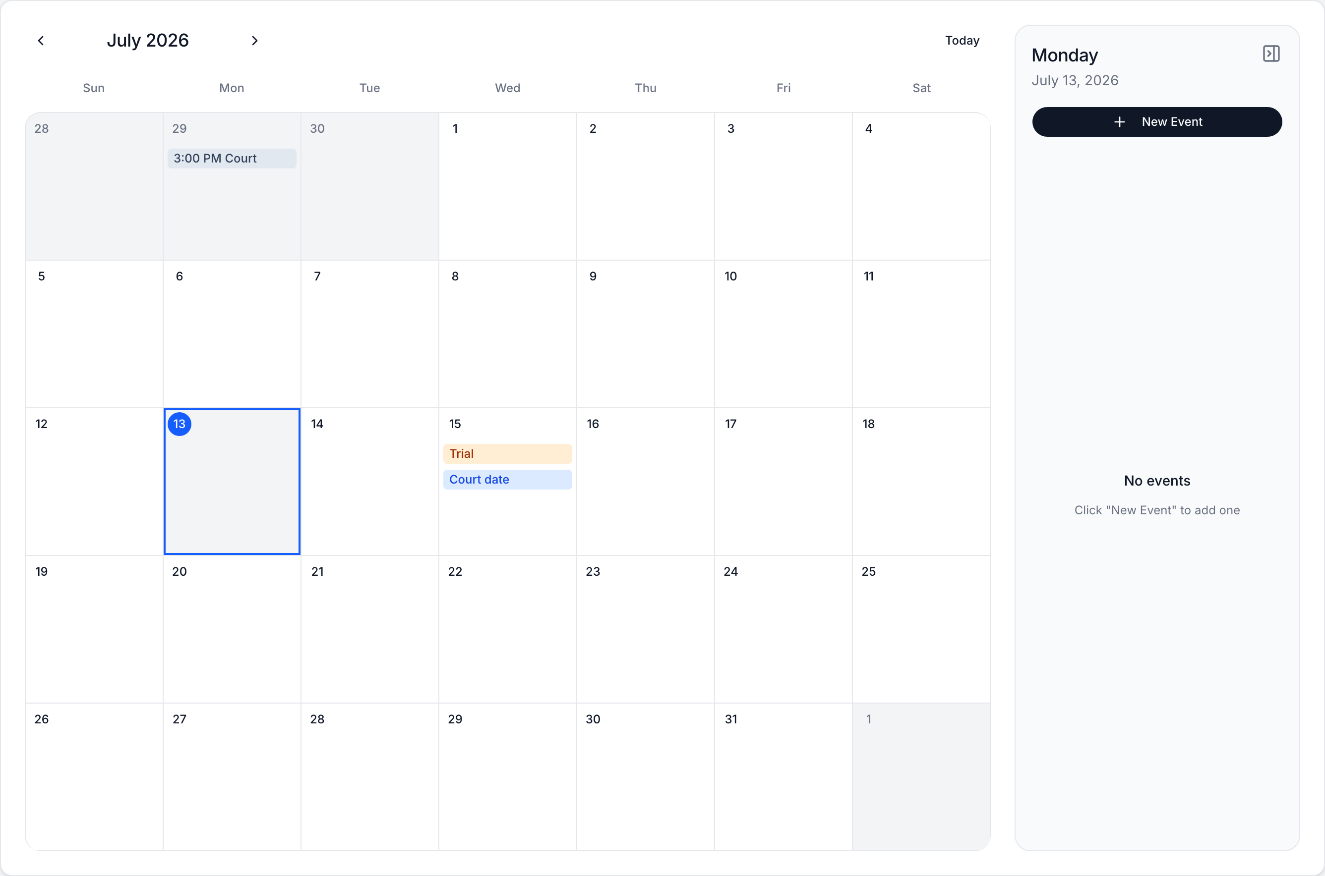 The firm calendar with the case's trial and court dates as events