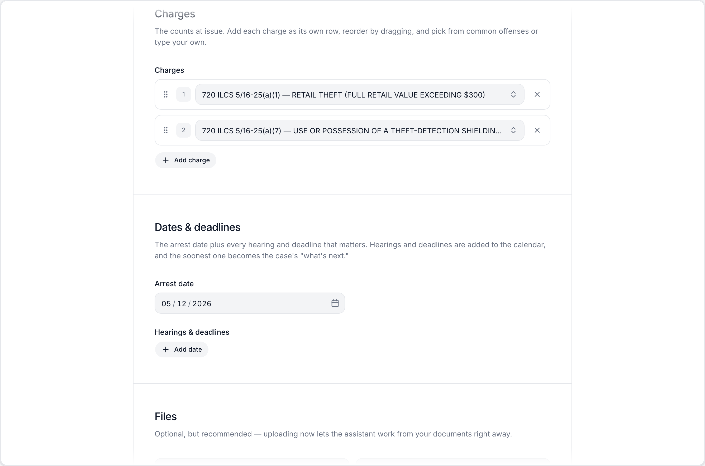 Extracted charges as structured rows — statute and offense per count — above the dates and deadlines section